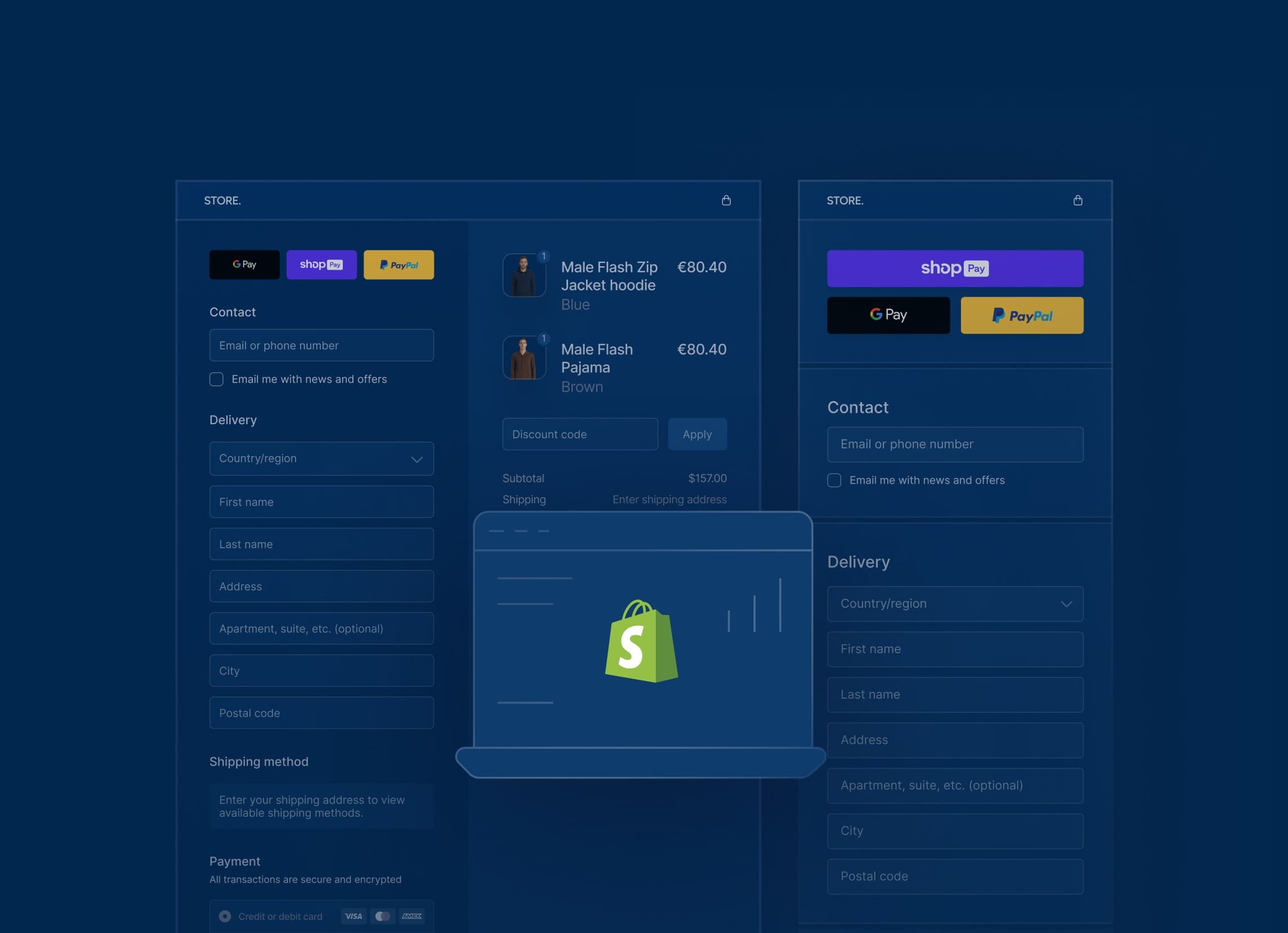 Shopify checkout screens offering Shop Pay, PayPal, and one-click payment options