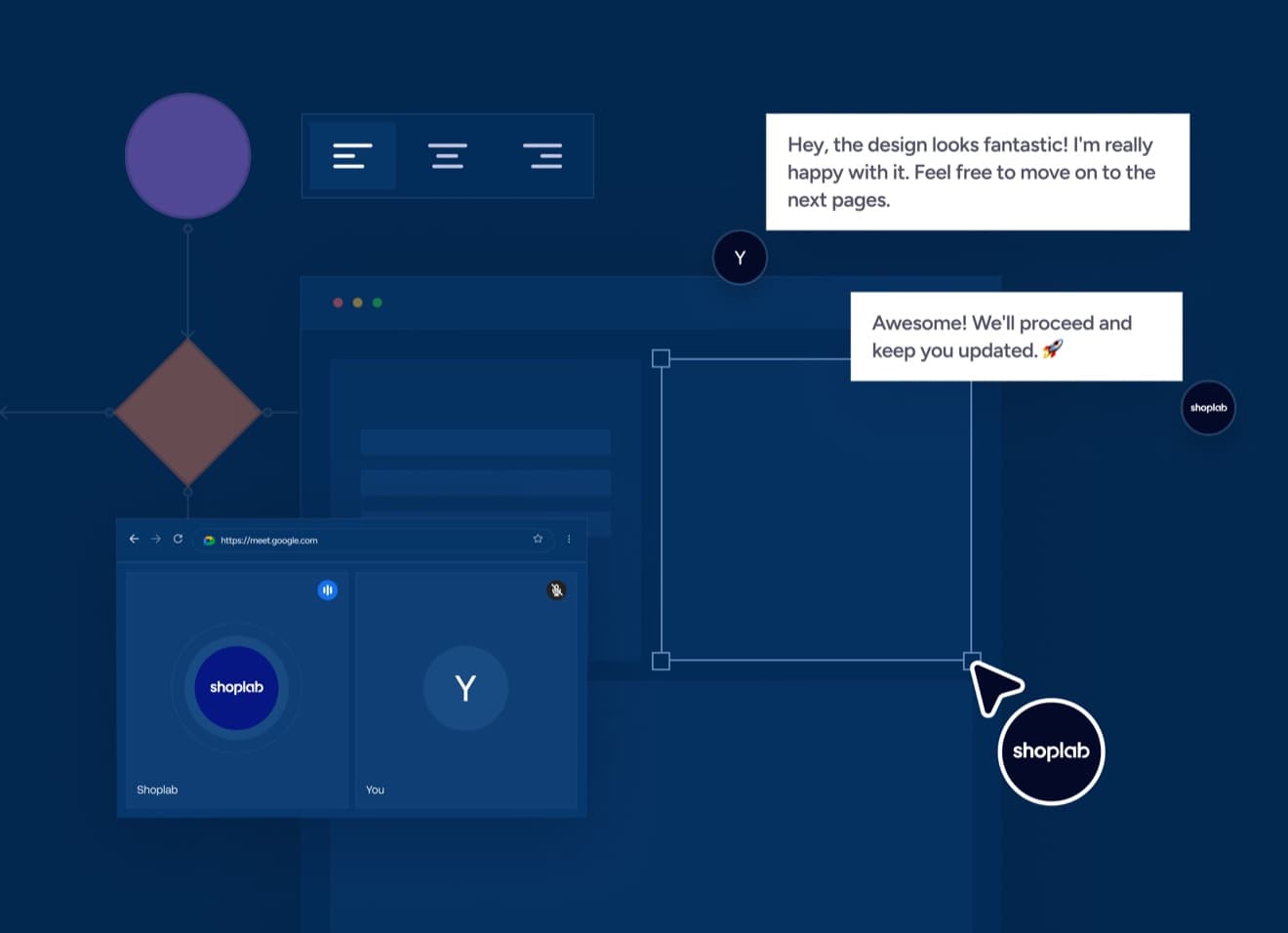 Illustration des shoplab-Design-Workflows: Review eines Shopify-Storefronts mit Kundenfeedback