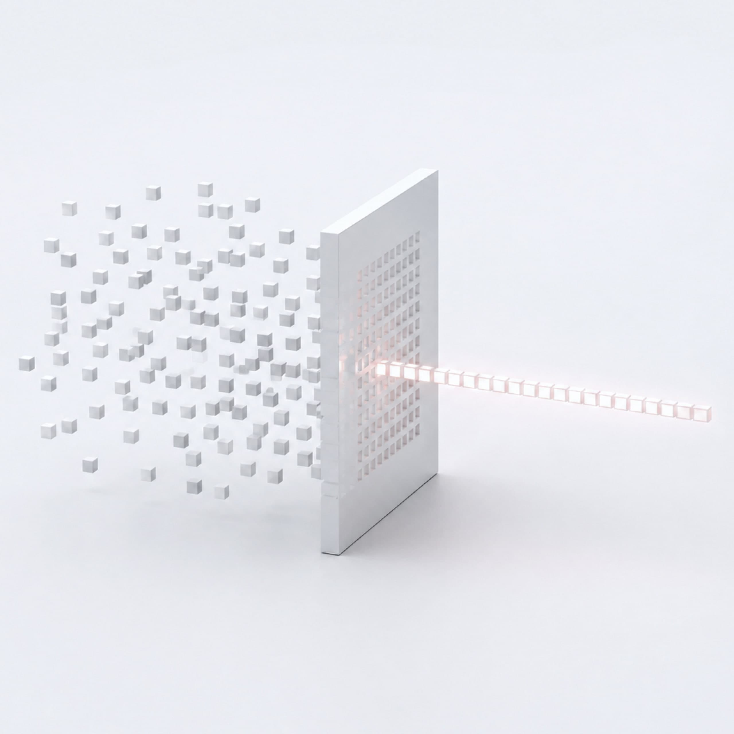 3D-Illustration verstreuter Würfel, die durch ein gelochtes Panel zu einem Strahl gebündelt werden