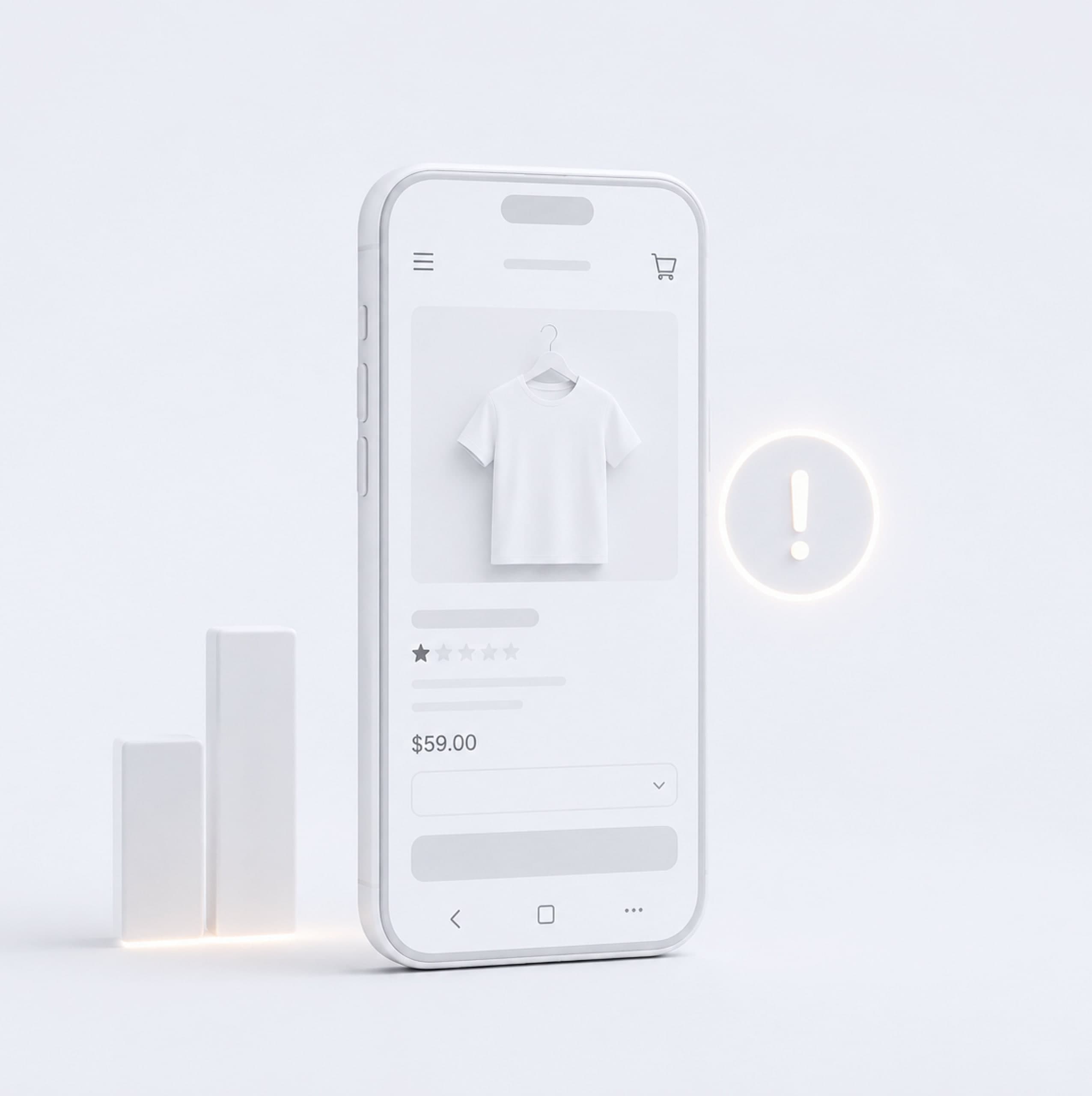3D-Illustration eines Smartphones mit der Produktseite eines Onlineshops und einem Warnsymbol