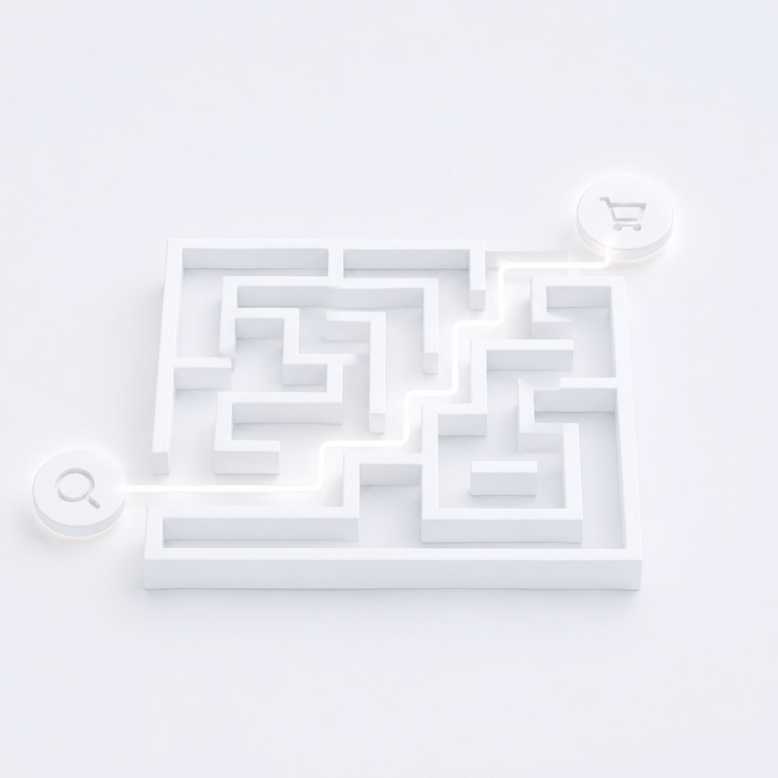 3D-Illustration eines Labyrinths mit einer Lupe auf der Suche nach dem Weg