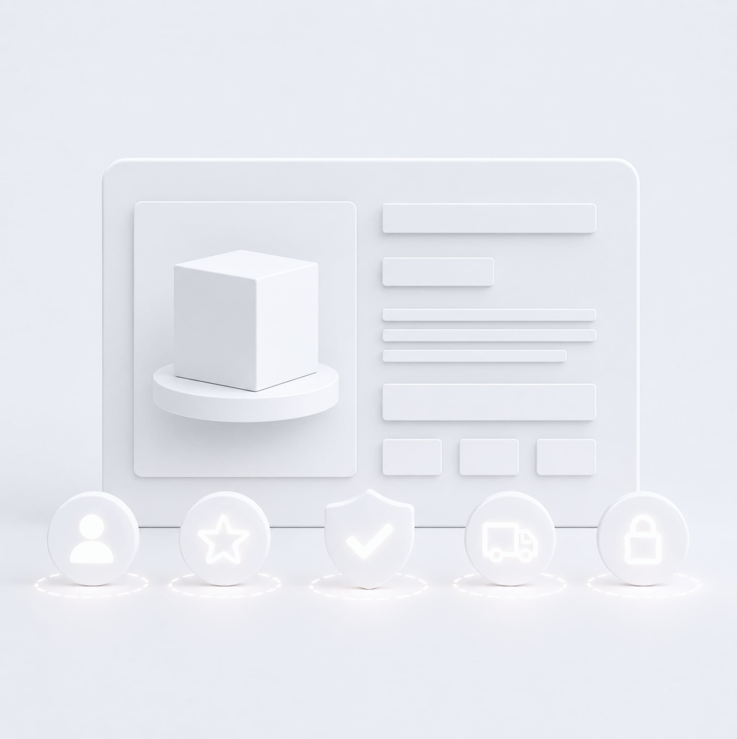 3D-Illustration eines Produktseiten-Layouts mit schwebenden Content-Karten