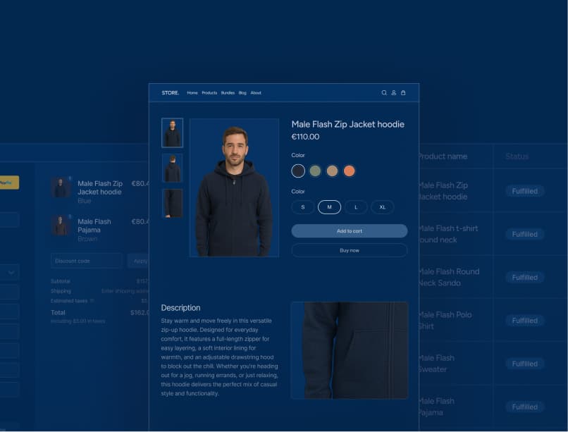 Shopify product page with variant options and app extensions