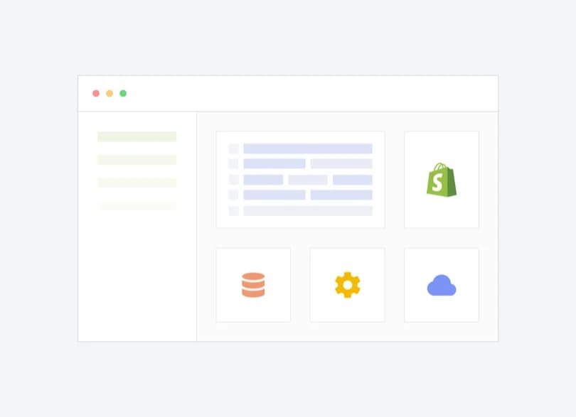 Shopify-Admin-Mockup mit einem eingebetteten Custom-App-Panel neben den Shop-Einstellungen