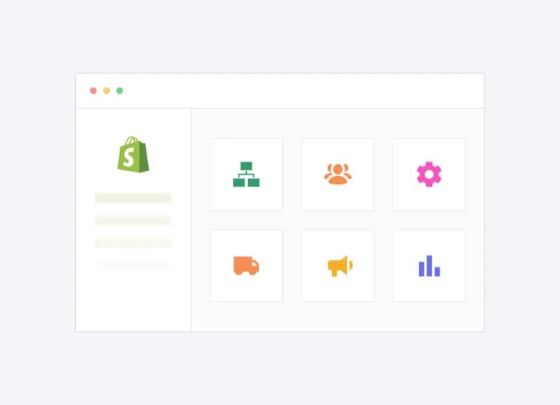 Shopify Store, verbunden mit Integrations-Icons für ERP, CRM, Logistik, Marketing und Analytics